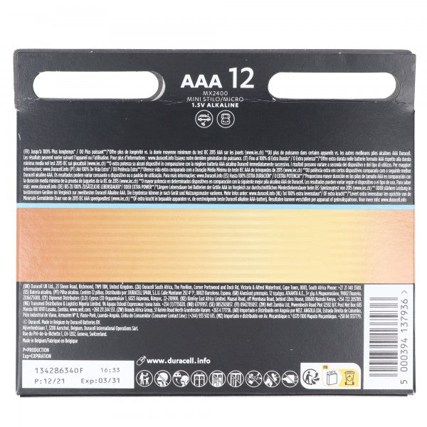 Duracell Optimum AAA Mignon Batterien, 1.5V LR03 MX2400, 12er-Pack