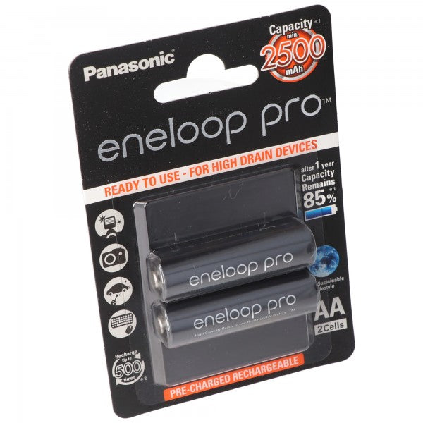 Panasonic eneloop Pro Mignon Akku BK-3HCDE/2BE NiMH 1,2Volt max. 2550mAh, 2er Blisterkarte