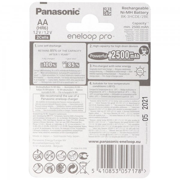Panasonic eneloop Pro Mignon Akku BK-3HCDE/2BE NiMH 1,2Volt max. 2550mAh, 2er Blisterkarte