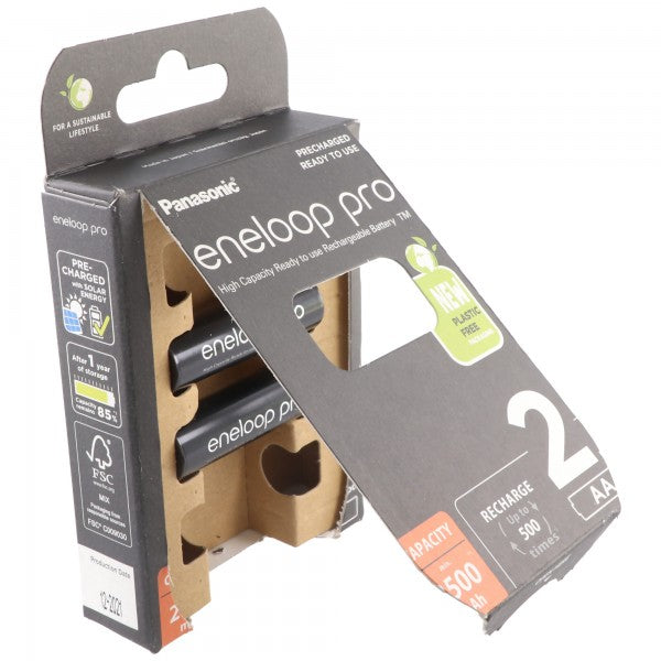 Panasonic eneloop pro, vorgeladen, Retail Blister 2-Pack BK-3HCDE/2BE Akku NiMH, Mignon, AA, HR06, 1.2V und 2500mAh