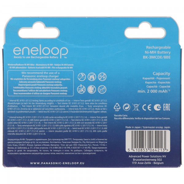 Panasonic eneloop, vorgeladen, Retail Blister (8-Pack) BK-3MCDE/8BE Akku NiMH, Mignon, AA, HR06, 1.2V und 2000mAh 5410853064213