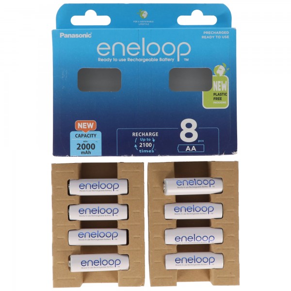Panasonic eneloop, vorgeladen, Retail Blister (8-Pack) BK-3MCDE/8BE Akku NiMH, Mignon, AA, HR06, 1.2V und 2000mAh 5410853064213