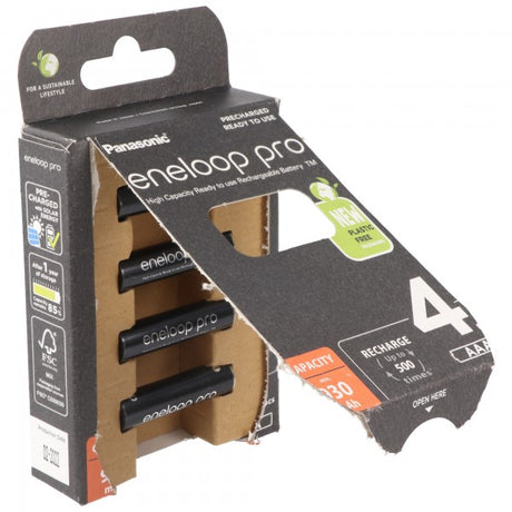 Panasonic eneloop pro, vorgeladen, Retail Blister (4-Pack) BK-4HCDE/4BE Akku NiMH, Micro, AAA, HR03, 1.2V und 930mAh 5410853064244