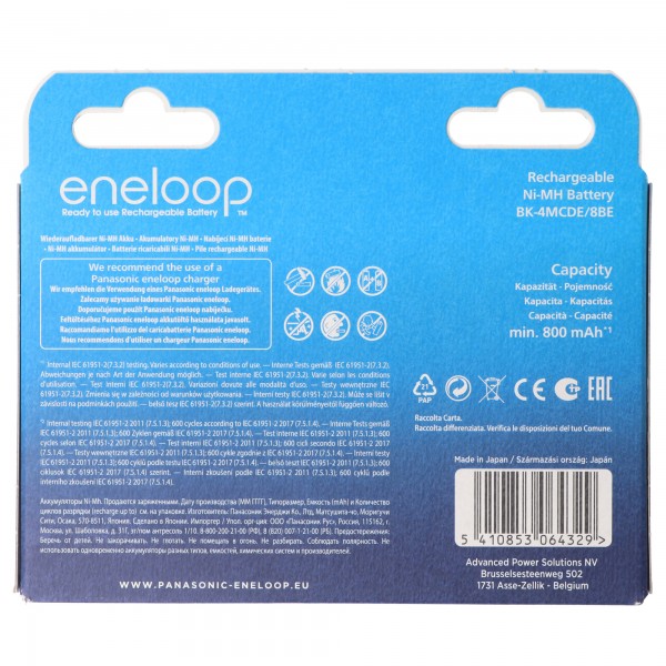Panasonic eneloop, vorgeladen, Retail Blister und 800mAh 5410853064329 8-Pack BK-4MCDE/8BE Akku NiMH, Micro, AAA, HR03, 1.2V