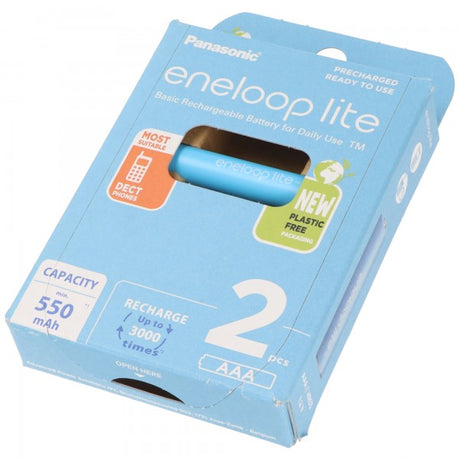 Panasonic eneloop lite, vorgeladen, Retail Blister 2-Pack BK-4LCCE/2BE Akku NiMH, Micro, AAA, HR03, 1.2V und 550mAh 5410853064336
