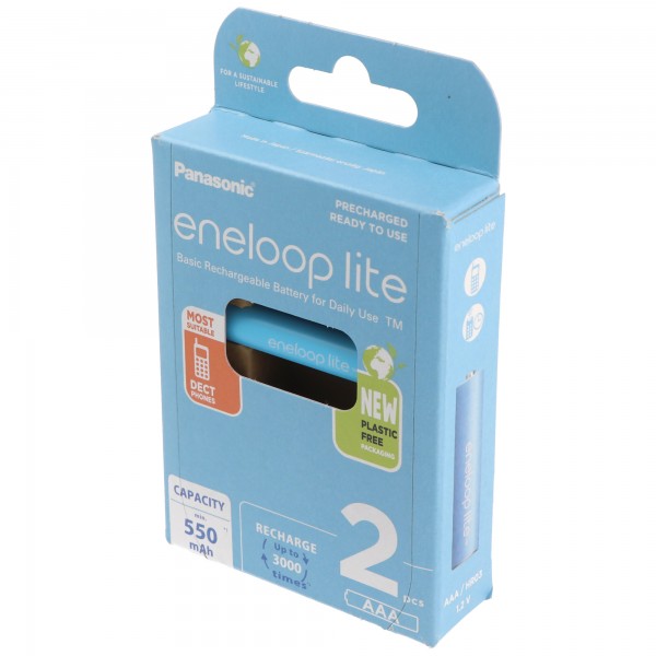Panasonic eneloop lite, vorgeladen, Retail Blister 2-Pack BK-4LCCE/2BE Akku NiMH, Micro, AAA, HR03, 1.2V und 550mAh 5410853064336