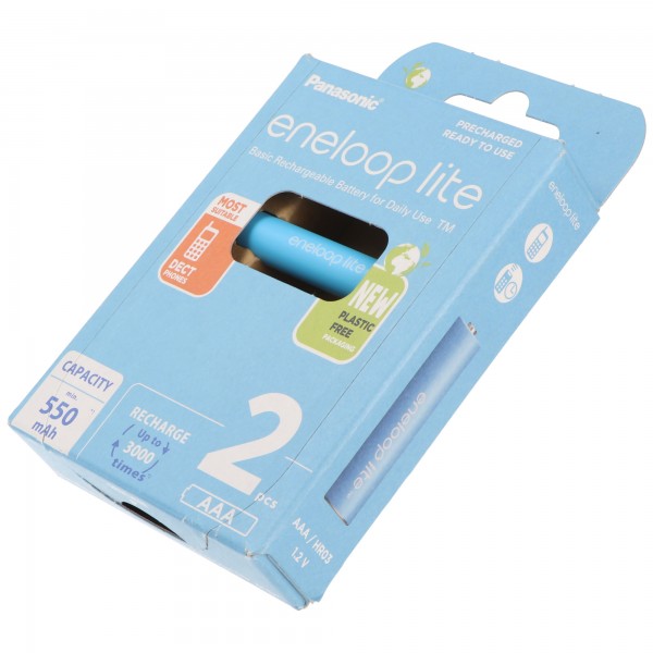 Panasonic eneloop lite, vorgeladen, Retail Blister 2-Pack BK-4LCCE/2BE Akku NiMH, Micro, AAA, HR03, 1.2V und 550mAh 5410853064336