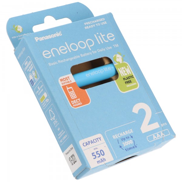 Panasonic eneloop lite, vorgeladen, Retail Blister 2-Pack BK-4LCCE/2BE Akku NiMH, Micro, AAA, HR03, 1.2V und 550mAh 5410853064336