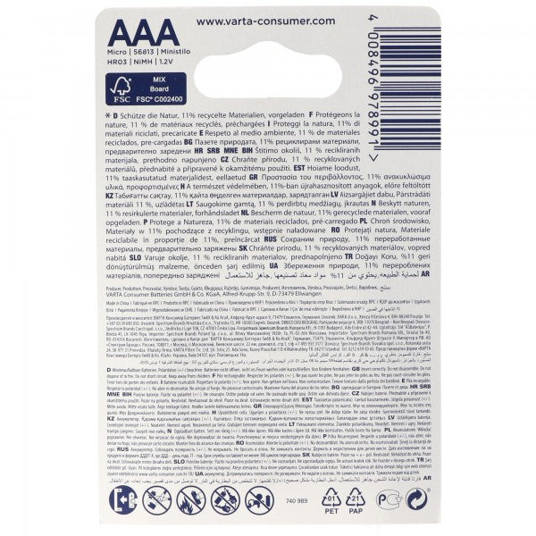Varta Recycled AAA LR03 Akku NiMH 800mAh 1,2V 2 Stück