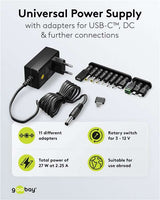 Goobay Universal-Netzteil (3 V - 12 V, max. 27 W / 2,25 A) - inkl. 11 Adapter: 7 DC-Adapter plus USB-C™, USB-A, USB Mini-B, Micro-USB und Schraubklemmenanschluss