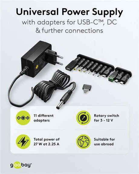 Goobay Universal-Netzteil (3 V - 12 V, max. 27 W / 2,25 A) - inkl. 11 Adapter: 7 DC-Adapter plus USB-C™, USB-A, USB Mini-B, Micro-USB und Schraubklemmenanschluss