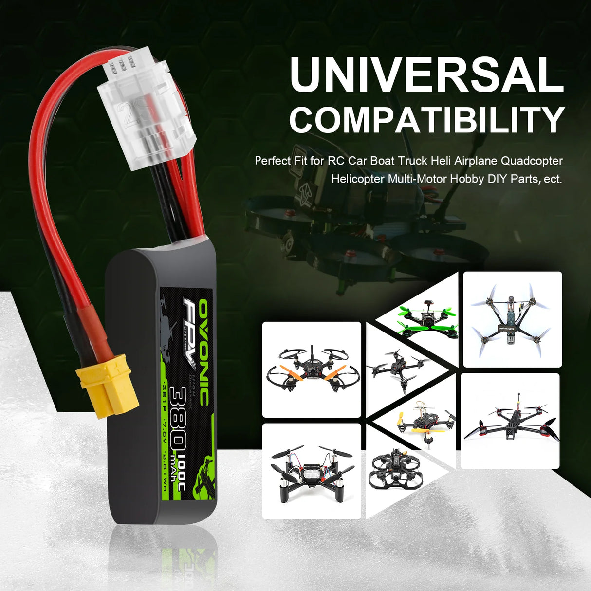 OVONIC FPV 2S 380mAh Lipo Akku 2S1P 100C 7,4V  LiPo Akku mit XT30 Stecker (4 Stück)