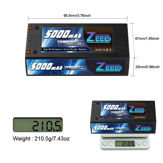 Zeee 2S 5000mAh 7,4V 100C Hardcase 4mm Bullet-zu-Deans Shorty Lipo-Akku (2 Stück)