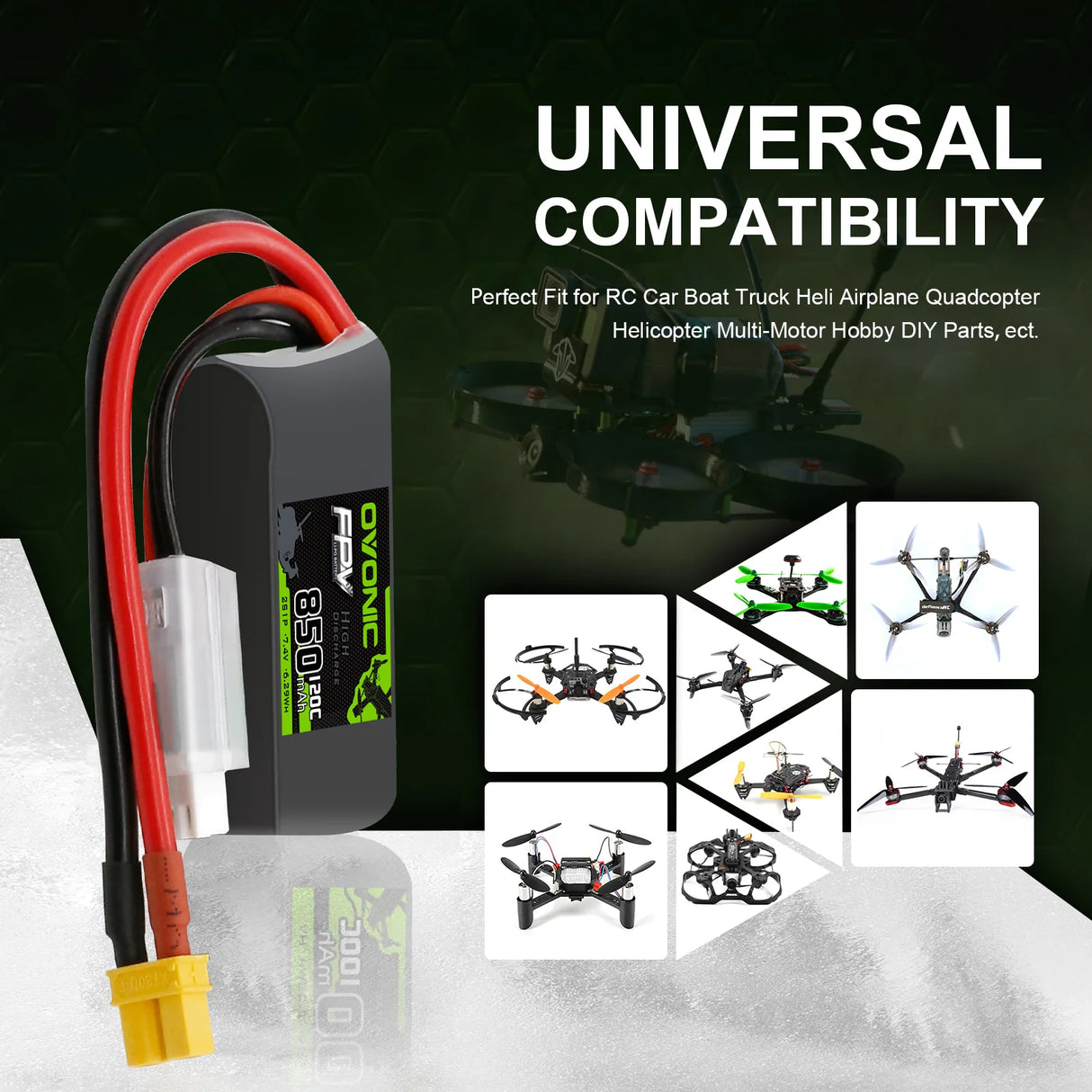 OVONIC FPV 2S 850mAh Lipo Akku 2S1P 120C 7,4V LiPo Akku mit XT30 (2 Stück)
