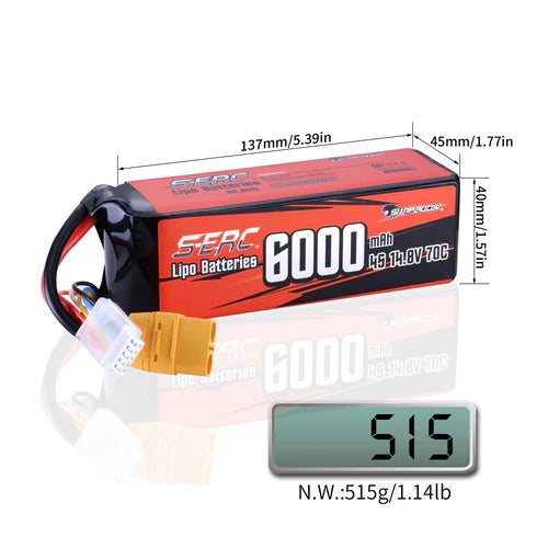 Sunpadow 4S Lipo-Akku 14,8V 6000mAh 70C Softpack mit XT90-Anschluss (2 Stück)
