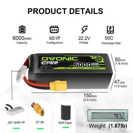 Ovonic Car 6S Lipo Akku 6000mAh 6S1P 50C 22,2V RC Lipo Akku mit XT90 Stecker