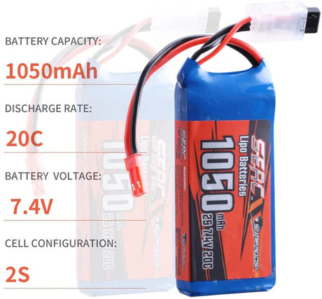 Sunpadow 2S Lipo Akku 7,4V 20C 1050mAh mit JST Stecker (2 St.)