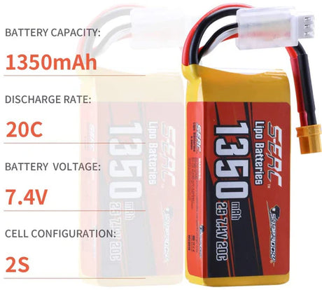 Sunpadow 2S RC Lipo Akku 20C 1350mAh 7,4V mit XT30 Stecker (2 St.)