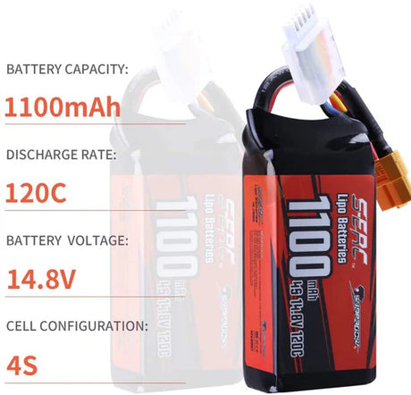 Sunpadow 4S Lipo Akku 14,8V 1100mAh 120C Softpack mit XT60 Stecker (2 St.)