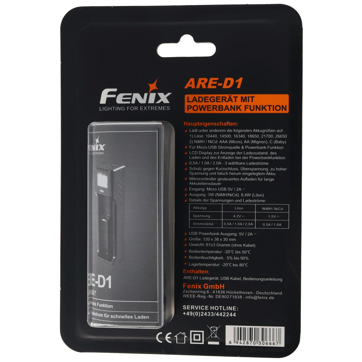 Fenix ARE-D1 Einschacht-Ladegerät passend für 21700, 18650, 26650, 16340, 14500, 10440 Li-Ion, NiMH und NiCd Akkus