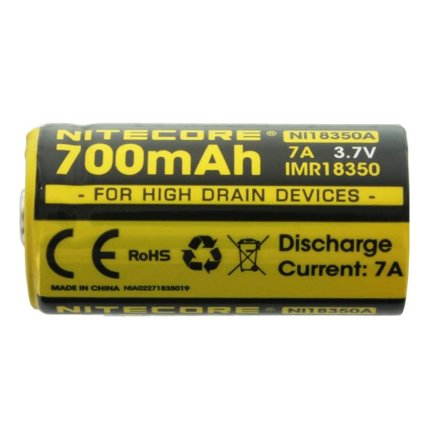 Nitecore 18350 IMR 3,7V 700mAh erhöhter Pluspol ungeschützt Li-Ion Akku