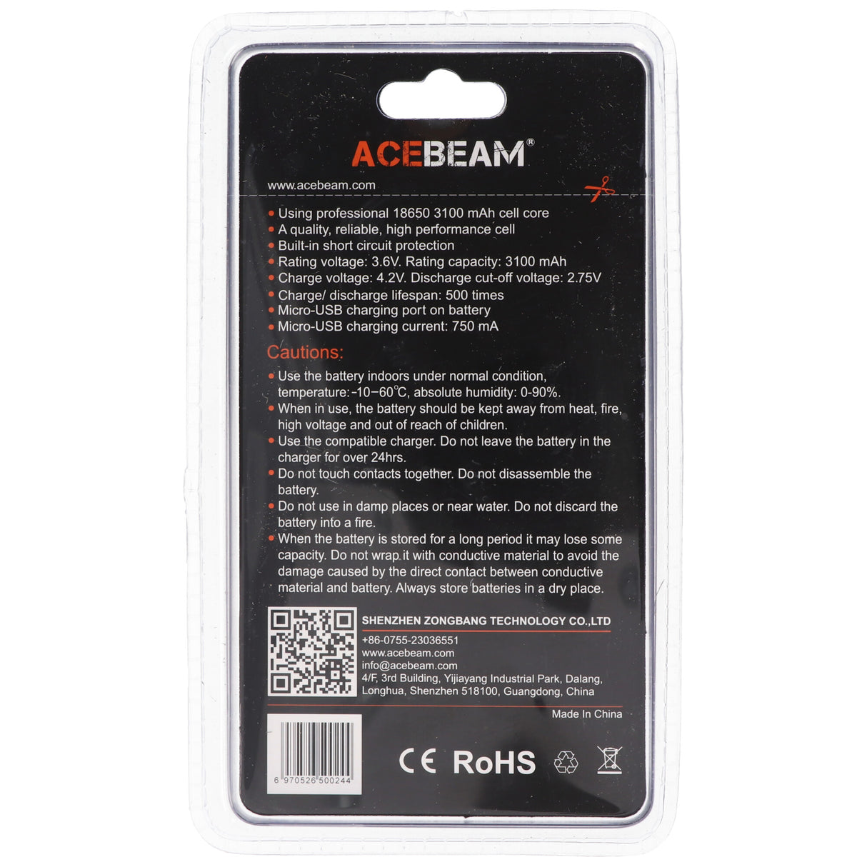 AceBeam 18650 Li-Ion Akku mit USB-C Ladeanschluss, ARC18650H-310A, 3,7V, 3100mAh