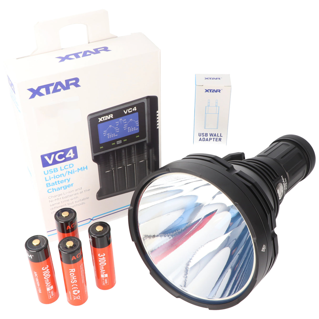 AceBeam K75 2.0 mit weißer LED, 6.300 Lumen und 2.500 Meter Reichweite, mit 4 Akkus, Ladegerät und USB-Schnellladegerät