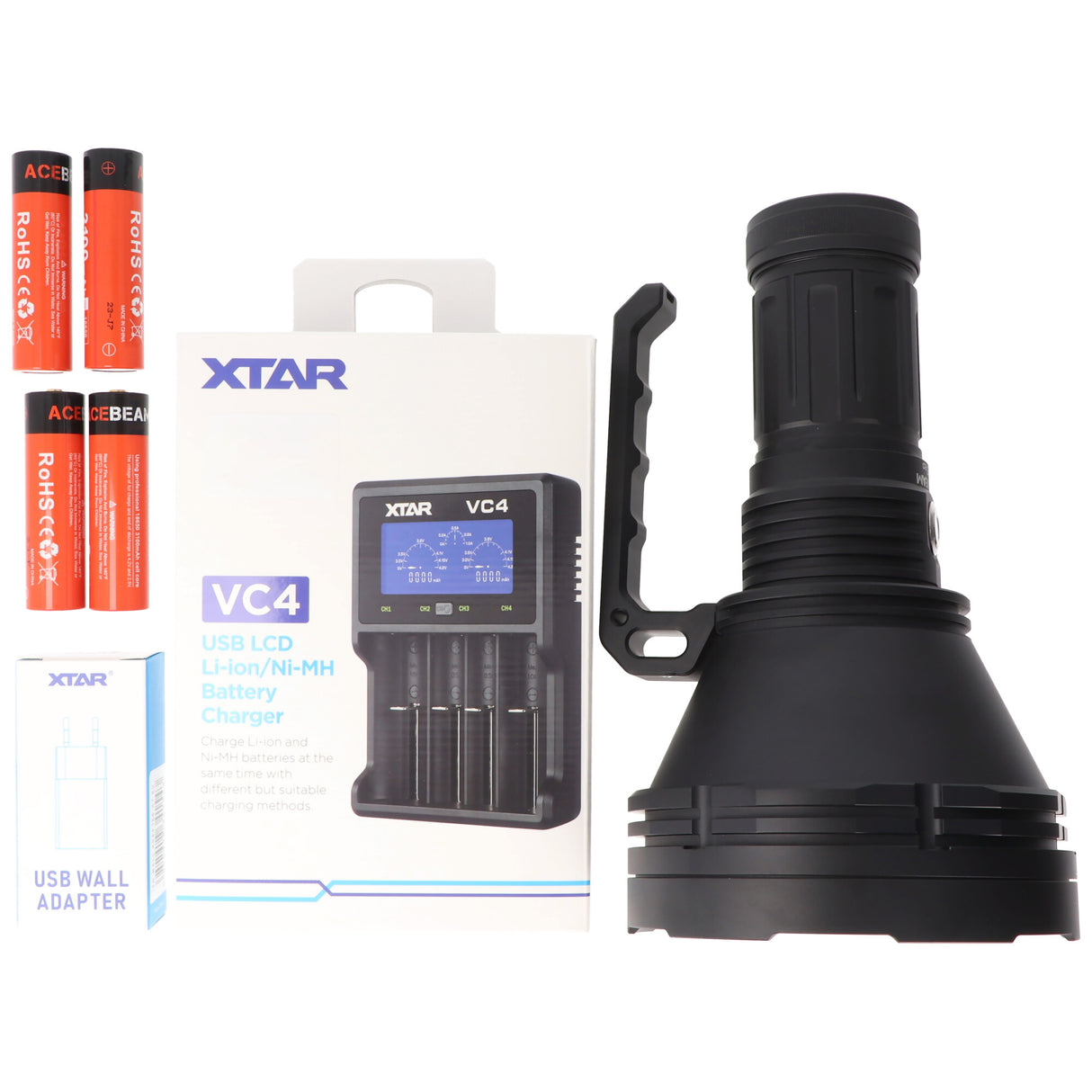 AceBeam K75 2.0 mit weißer LED, 6.300 Lumen und 2.500 Meter Reichweite, mit 4 Akkus, Ladegerät und USB-Schnellladegerät