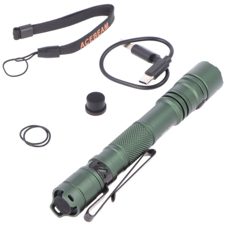 AceBeam TAC 2AA LED-Taschenlampe mit max. 1.400 Lumen und is zu 304 Meter, grün, mit Akku