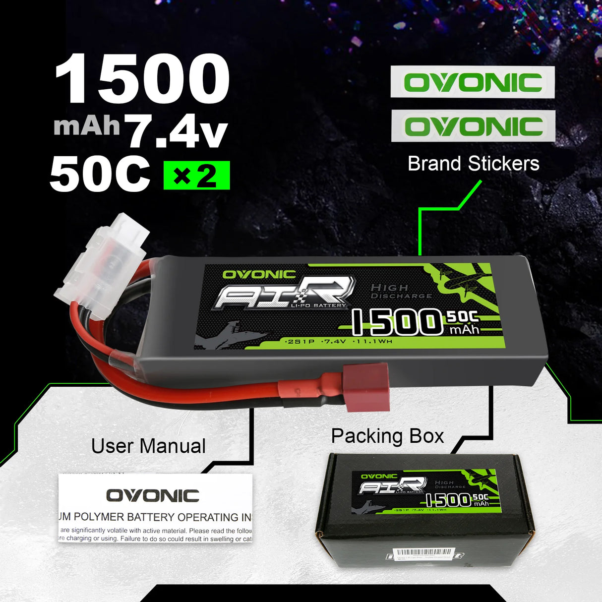 Ovonic Air 2S 1500mAh 7,4V 50C Dean Lipo Akku (2 Stück)