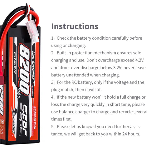 Sunpadow 2S 7,4V Lipo Akku 100C 8200mAh mit T-Stecker