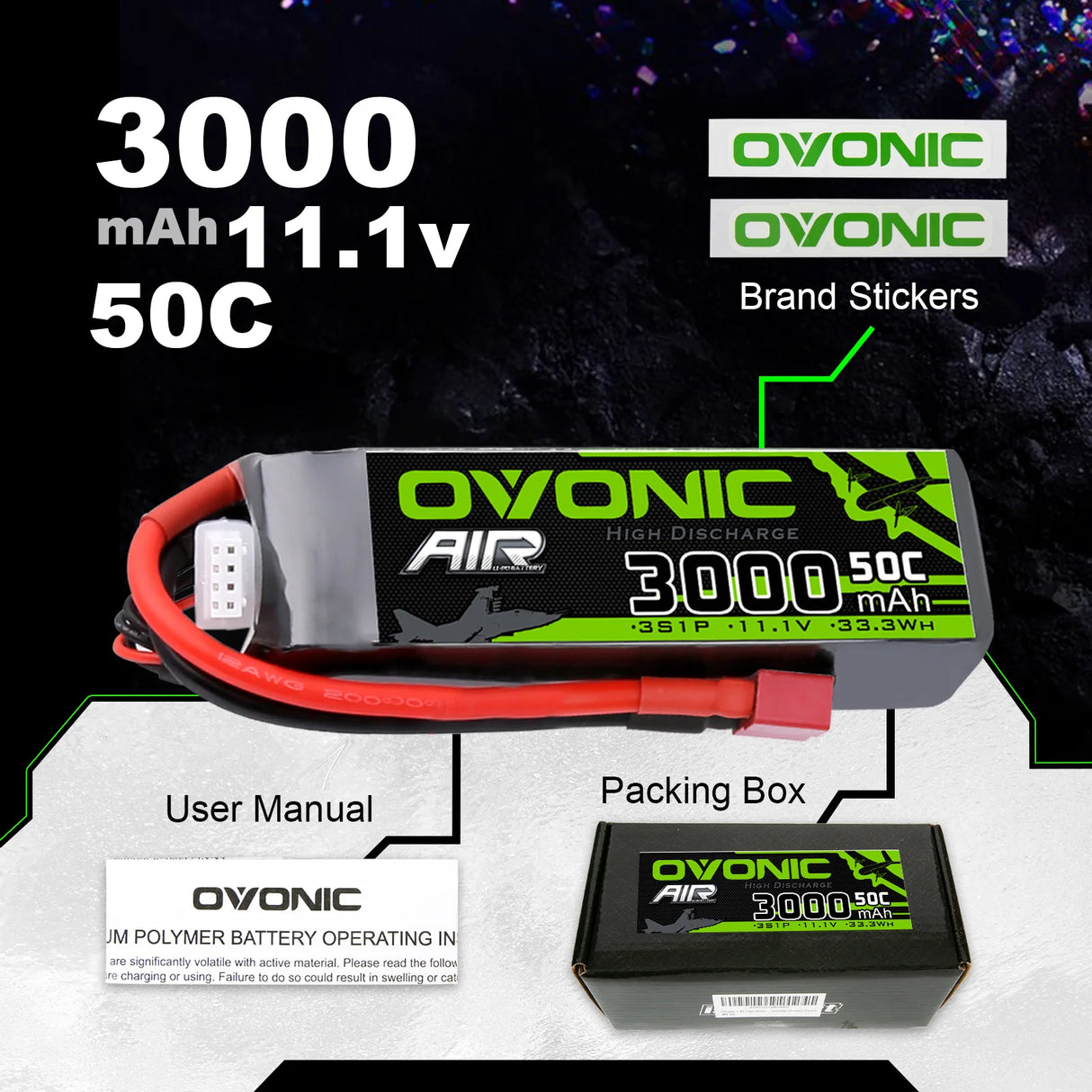 Ovonic 3S 3000mAh 50C 11,1V lang T-Stecker Lipo Akku (2 Stück)