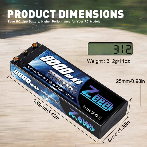 Zeee 2S 8000mAh 7,6V 100C HV LiPo Hardcase 4mm Bullet zu Deans