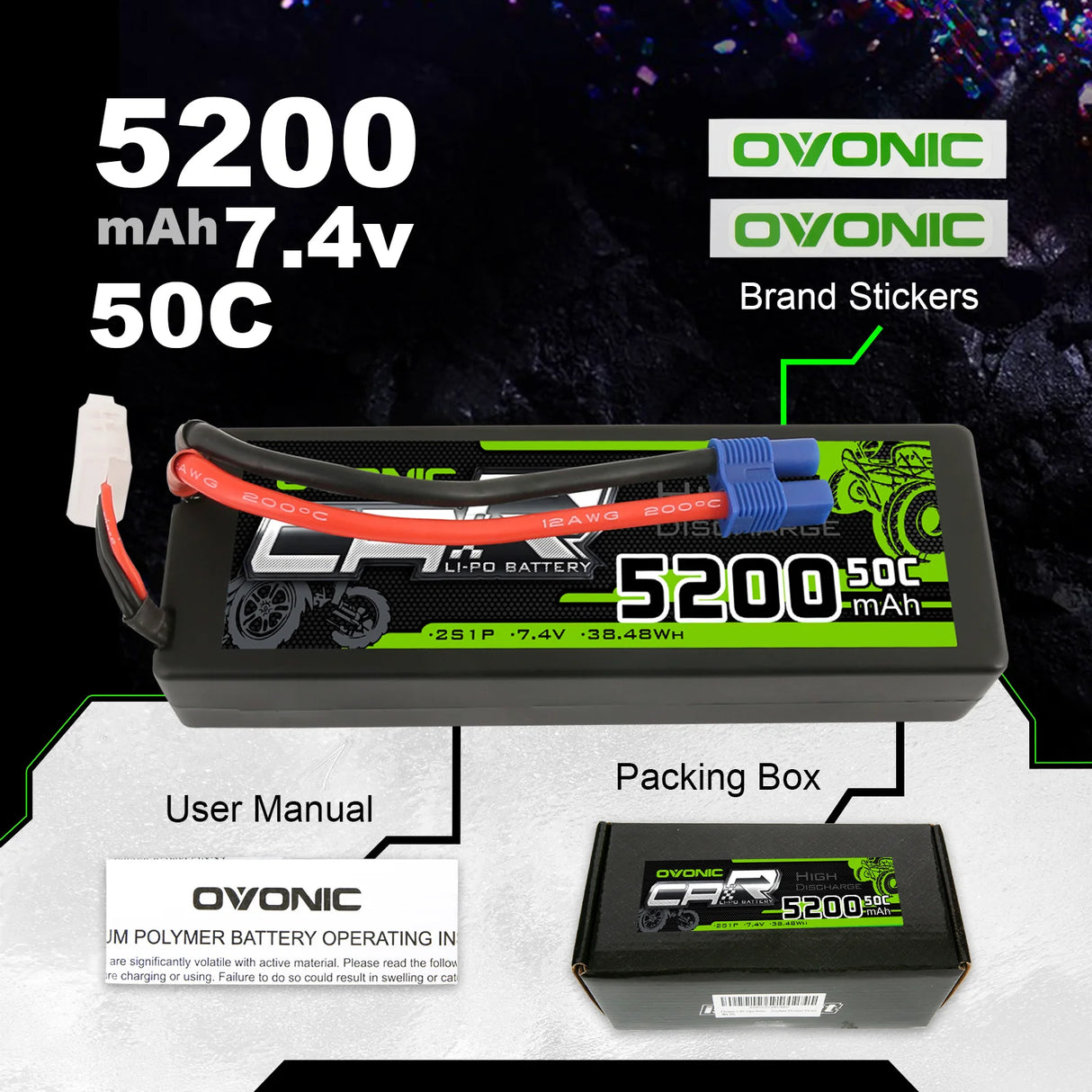 Ovonic Car 2S 5200mAh 7,4V 2S1P 50C Hardcase Lipo Akku mit XT60 Stecker