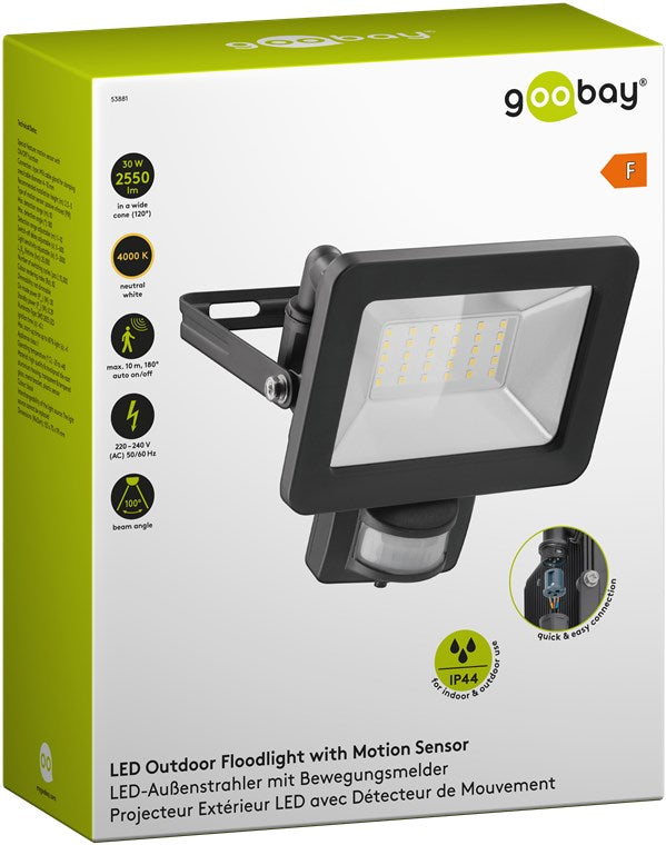 Goobay LED-Außenstrahler, 30 W, mit Bewegungsmelder - mit 2550 lm, neutralweißem Licht (4000 K), PIR-Sensor mit ON-/OFF-Funktion und M16-Kabelverschraubung, für den Außeneinsatz geeignet (IP44)