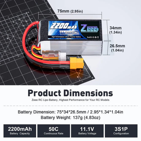 Zeee 3S 2200mAh 11,1V 50C Shorty XT60 Lipo (2 Stück)