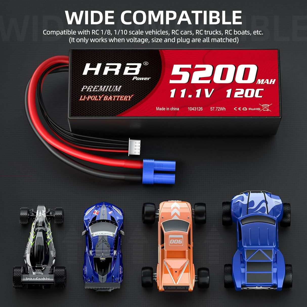 HRB 3S 11,1V 5200mAh 100C LiPo Akku mit EC5 Stecker (2 St.)