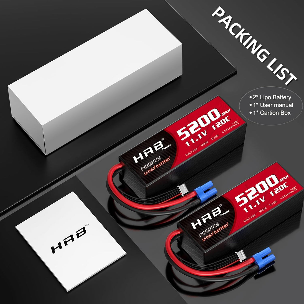 HRB 3S 11,1V 5200mAh 100C LiPo Akku mit EC5 Stecker (2 St.)