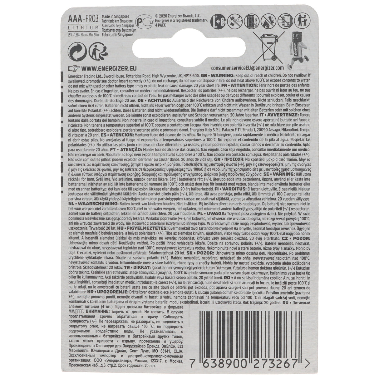 Energizer L92 Lithium Batterie AAA, 1,5 Volt 1260mAh 4er Blister
