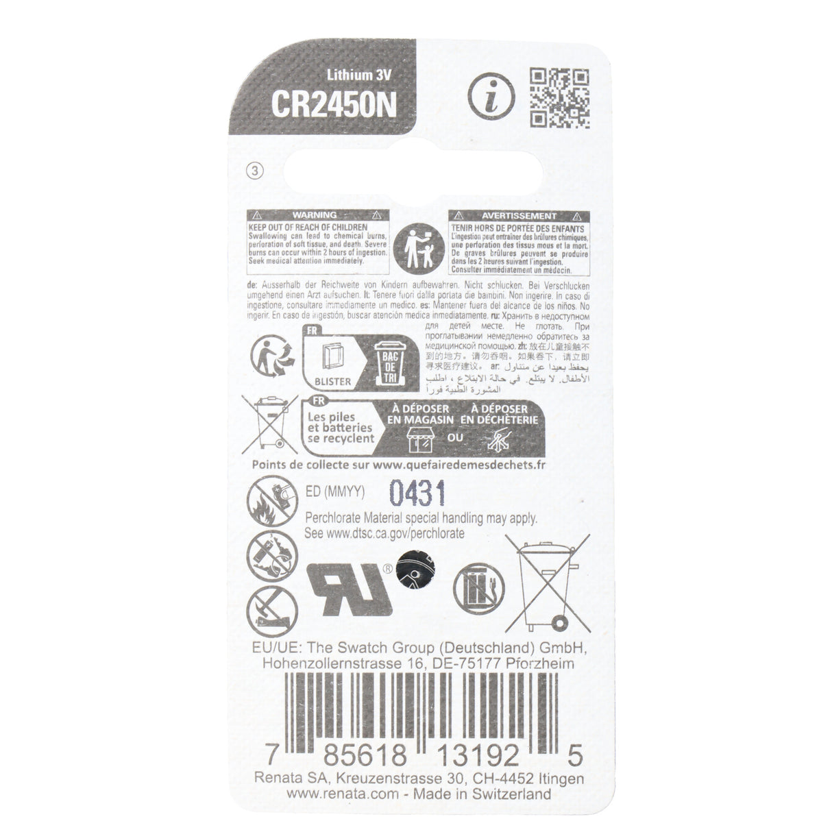 Renata CR2450N Lithium Batterie, Abmessungen 24 x 5mm