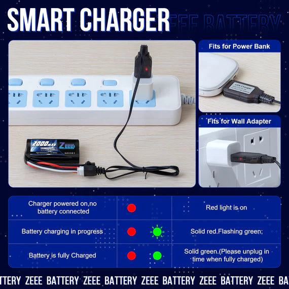 Zeee Li-Ion 2S 2000mAh 7,4V 15C SM 2P-Anschluss USB-Ladegerät (2 Stück)