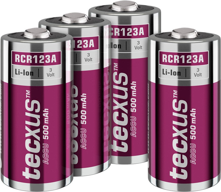 Tecxus RCR123 Akku - 500 mAh, 4 Stk. im Karton - Lithium-Ionen-Akku (Li-Ion), 3,2 V
