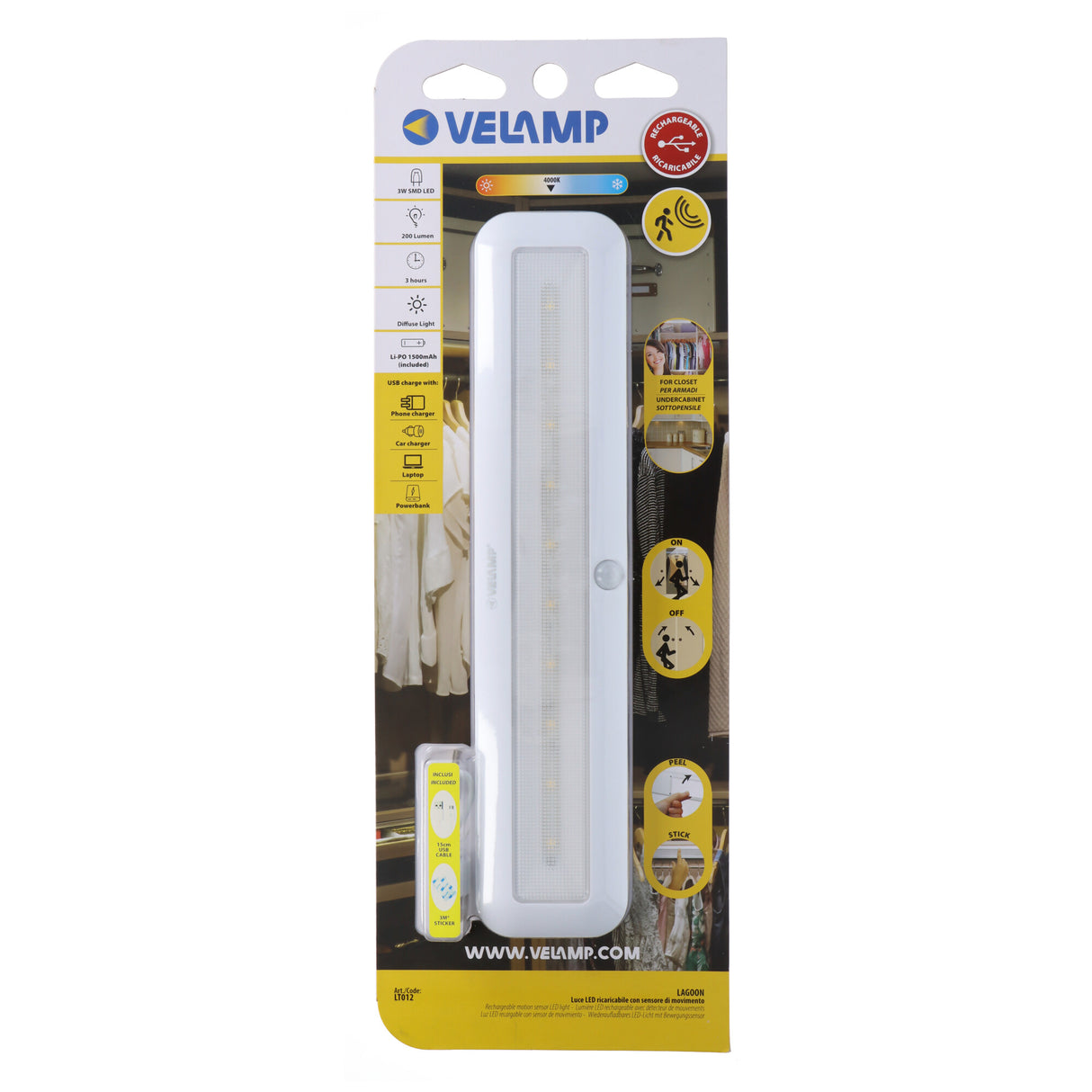 Velamp LAGOON, wiederaufladbarer 30cm LED-Streifen für Schränke und Küchen. 200 Lumen. Mit PIR. Weiß