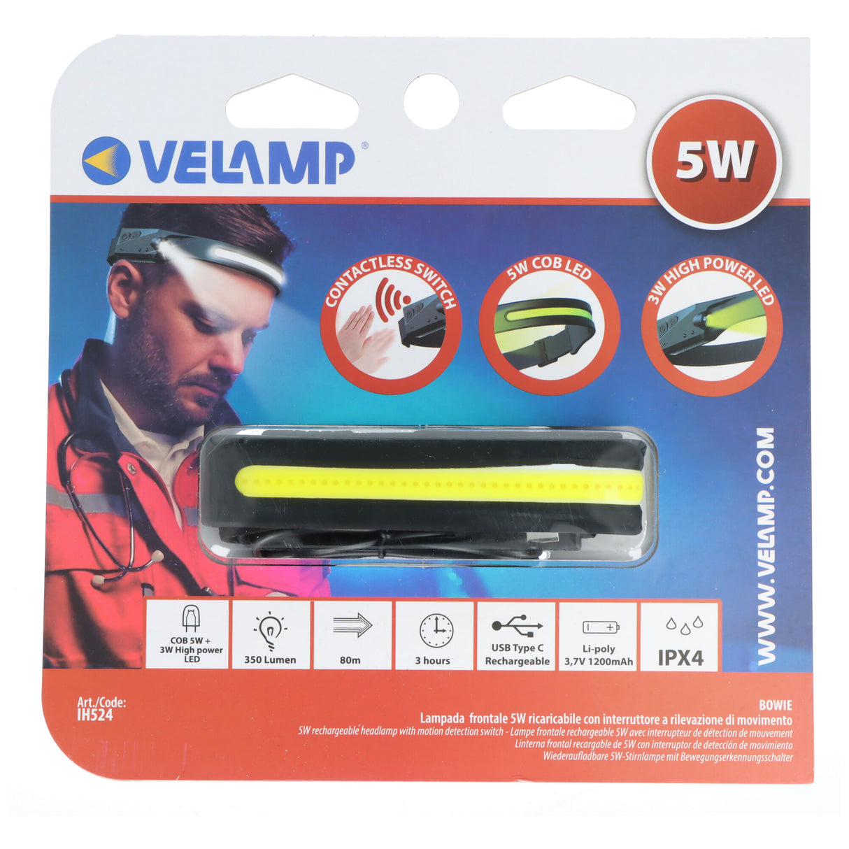 Velamp BOWIE, 2in1 wiederaufladbare LED-Stirnlampe mit Bewegungssensor, berührungsloser Schalter