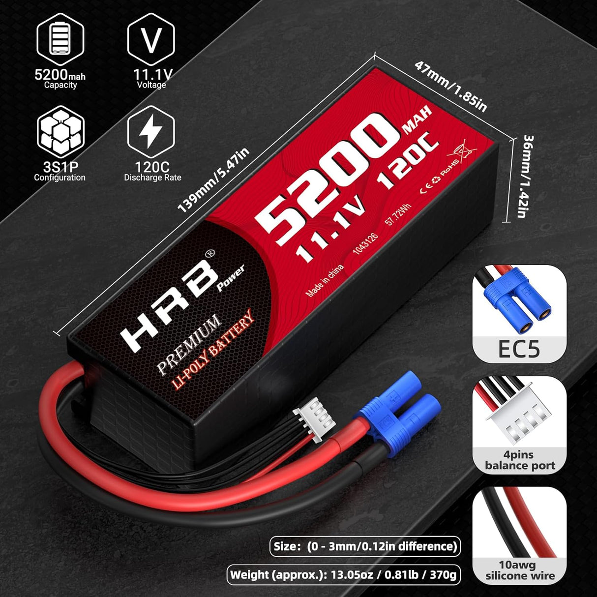 HRB 3S 11,1V 5200mAh 100C LiPo Akku mit EC5 Stecker (2 St.)