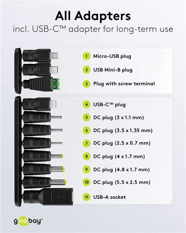 Goobay Universal-Netzteil (3 V - 12 V, max. 27 W / 2,25 A) - inkl. 11 Adapter: 7 DC-Adapter plus USB-C™, USB-A, USB Mini-B, Micro-USB und Schraubklemmenanschluss