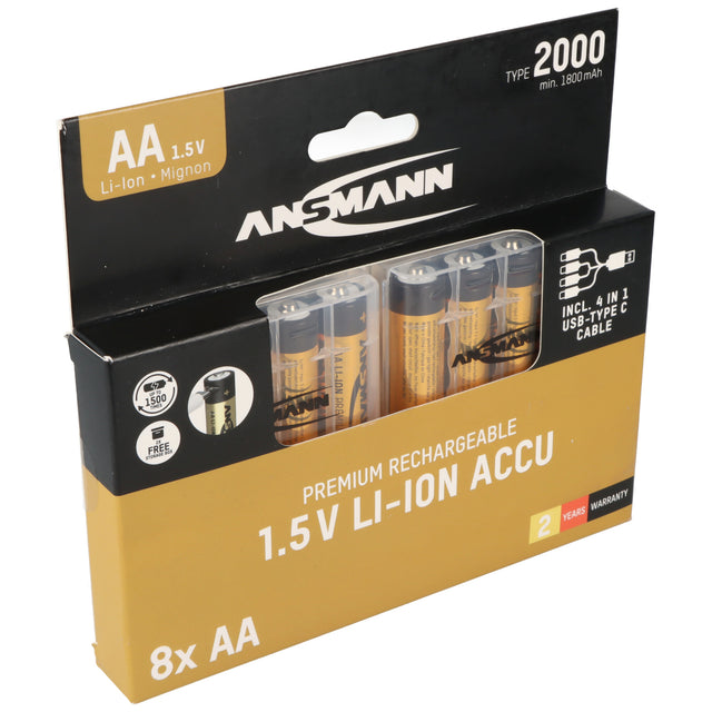 8 Stück Ansmann Premium Li-Ion AkkusMignon AA Typ 2000mAh, mit USB-C Lademöglichkeit, 8er Kartoninkl. 2x Akkubox sowie einem 4Fach USB-C Ladekabel