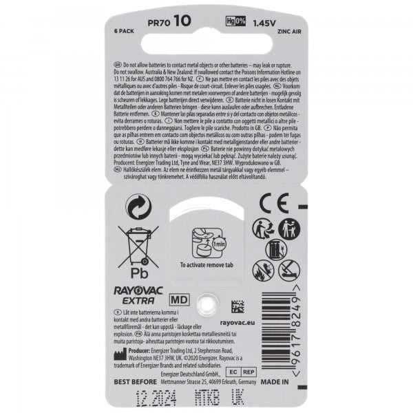 Rayovac Hörgerätebatterie H10MF Nr. 10 PR70 Extra Advanced, 105mAh 6 Stück im Blister