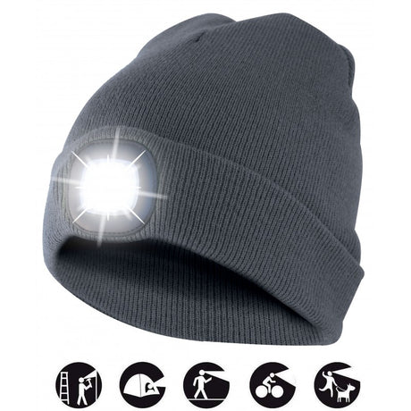 Velamp Mütze mit LED-Frontleuchte, Strickmütze mit LED-Licht ideal zum Joggen, Campen, Arbeiten, Spazieren etc., wiederaufladbar per USB und waschbar, dunkelgrau
