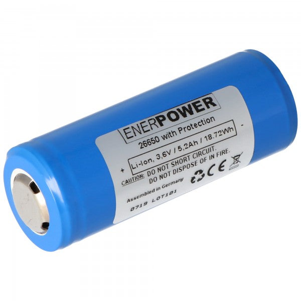 Enerpower 26650 3,7V 5200mAh Pluspol erhöht PCB geschützt Li-Ion Akku